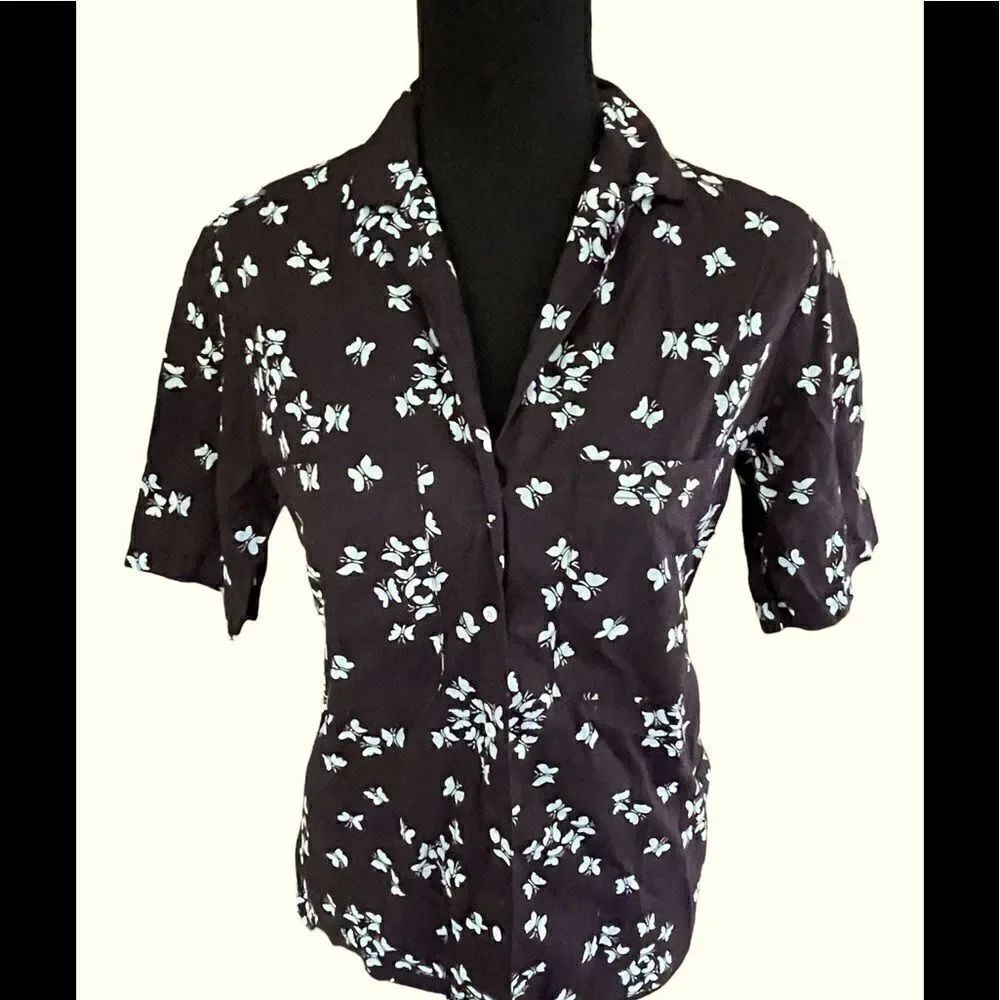 ELLEN Tracy vintage button front shirt short sleeve plum butterfly shirt sz 9/10